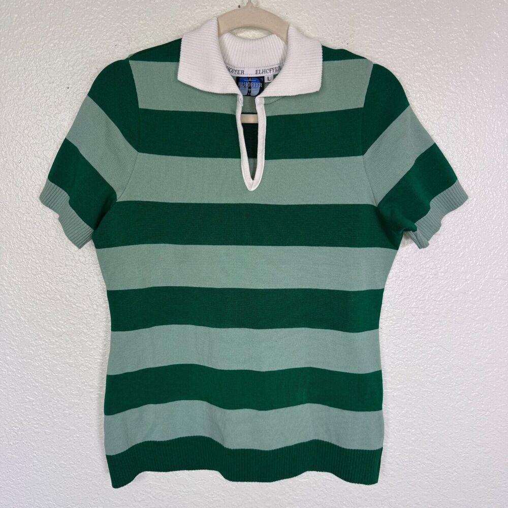 Elhoffer Top Women Large Detective Green Striped Polo Costume Cosplay Knit Shirt
